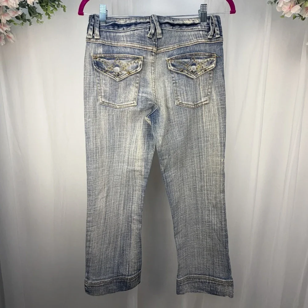 Vintage Mudd Jeans Womens 28x23 Blue Denim 90s Mid Rise Boho Y2K Straight Capri